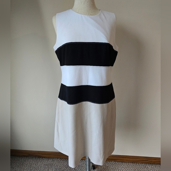 Calvin Klein Tan White and Black Striped Dress Women's Sz 12. - Picture 1 of 8